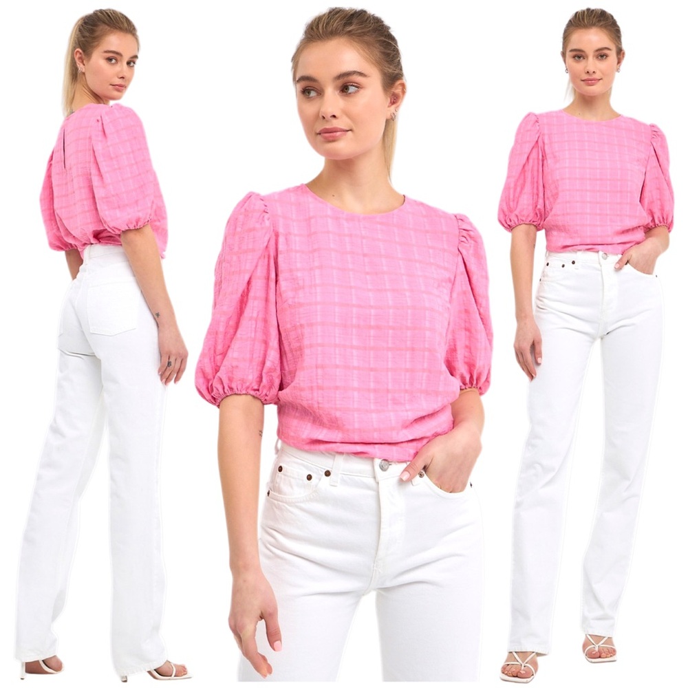 English Factory Perfect Pink Puff Sleeve Tradd Top with Keyhole Back